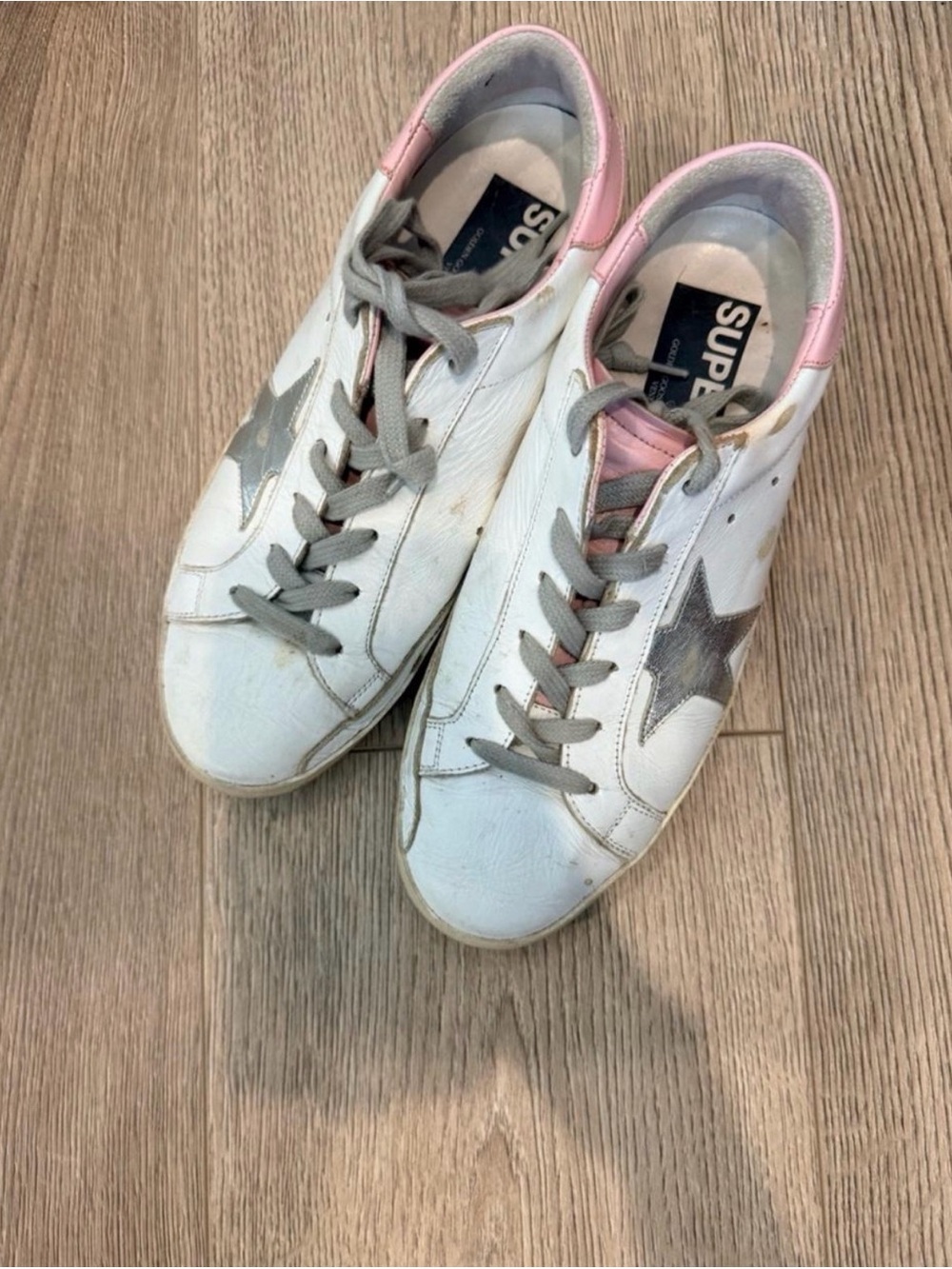 Golden Goose Superstar Sneakers with Pink Trim and Gray Star